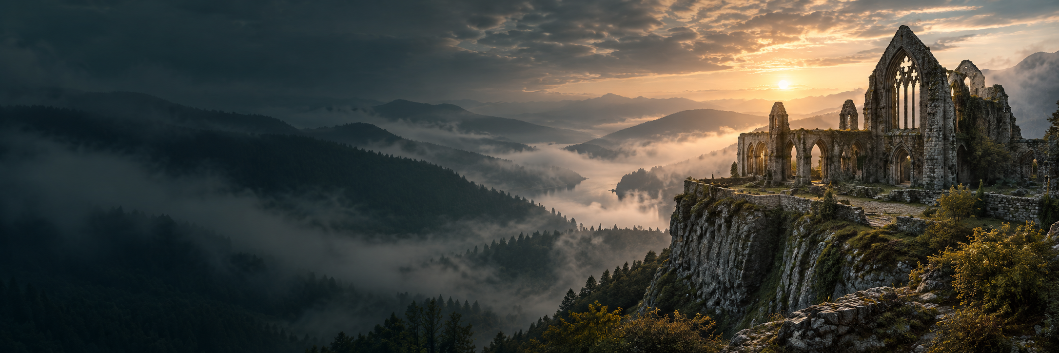 Illustrative ruined abbey in a misty mountain landscape