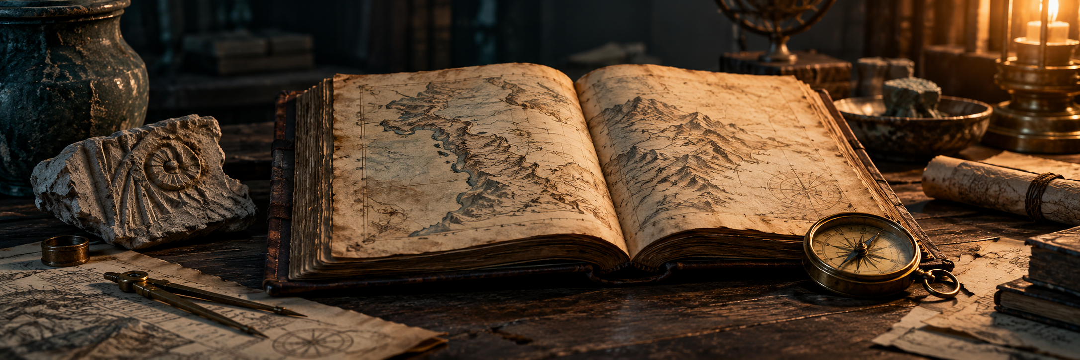 Illustrative research desk with maps, books and a compass